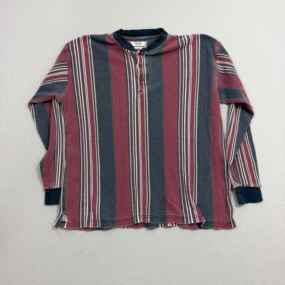 Vintage Career Club Henley Medium Multicolor Striped Waffle Knit Long Sleeve 90s